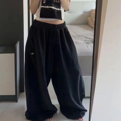 Y2K College American Hip-hop Goth Print Drawstring Wide Leg Sweatpants Loose 90s High Street Sports Trousers Floor Length Pants