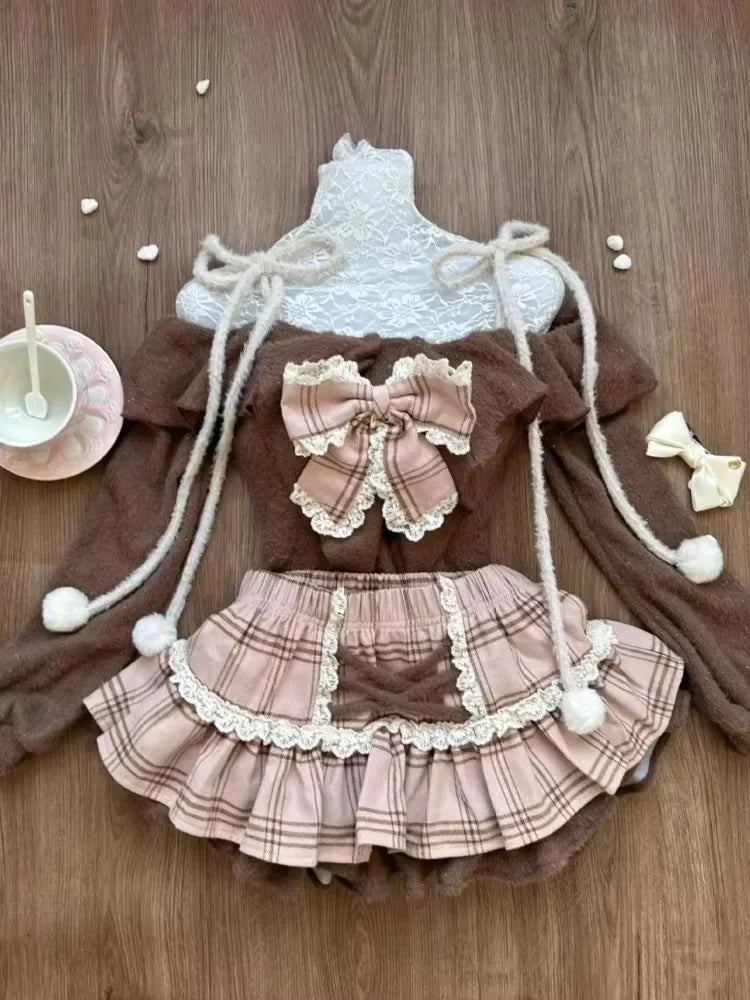 Vintage 3 Piece Skirt Suit Women Kawaii Ruffles Cardigan Outwear Bodycon Vest Blouse + Slim Y2k Skirts Evening Party Lolita Sets