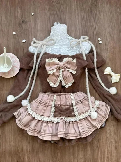 Vintage 3 Piece Skirt Suit Women Kawaii Ruffles Cardigan Outwear Bodycon Vest Blouse + Slim Y2k Skirts Evening Party Lolita Sets