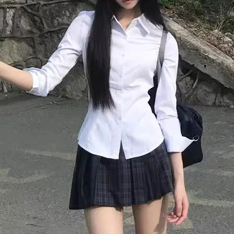 Harajuku Y2K Slim Fit White Shirt Women 2025 Waist Slimming Long Sleeve Jk Shirts Woman All Match Turn Down Collar Chic Blouse