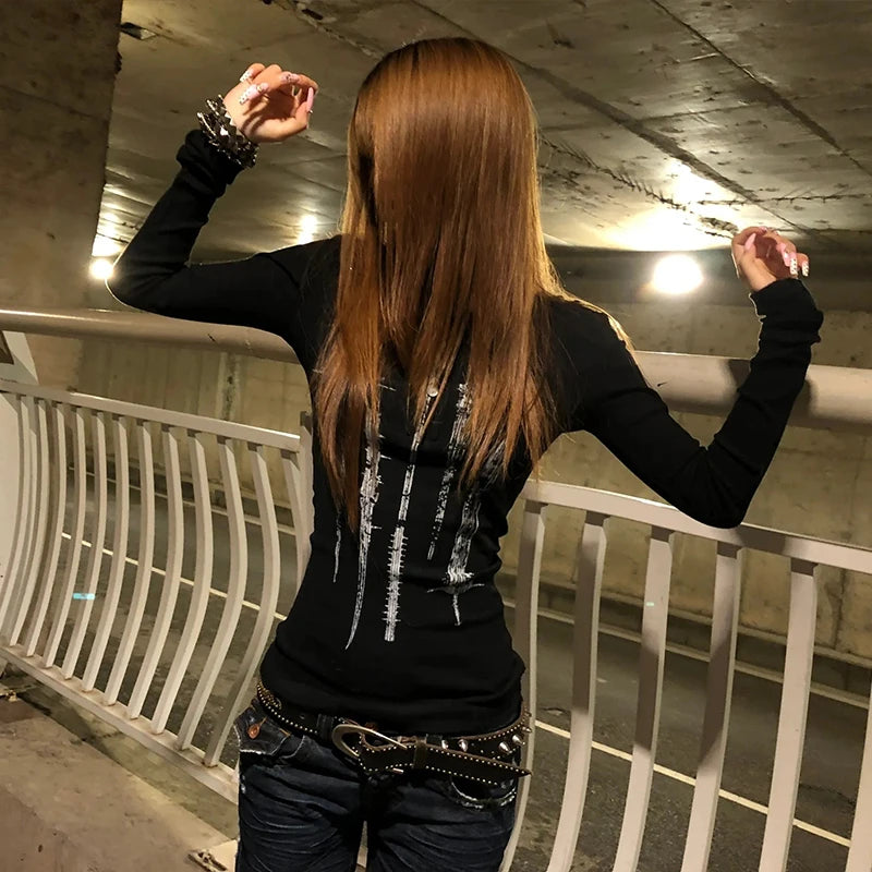 Karrcat Grunge Aesthetics Tattoo Print Knitted Tops Trashy Y2k Long Sleeve Knit T-shirt Vintage Gothic Button Top American Retro