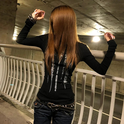 Karrcat Grunge Aesthetics Tattoo Print Knitted Tops Trashy Y2k Long Sleeve Knit T-shirt Vintage Gothic Button Top American Retro