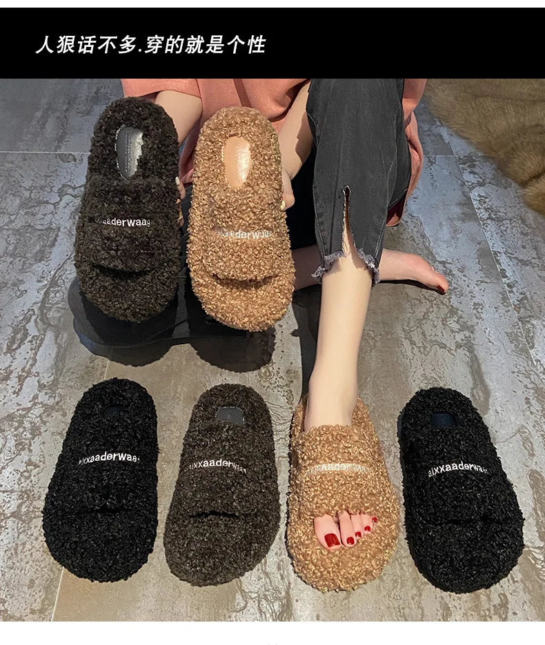 Thick Soled Plush Slippers for Autumn and Winter Versatile and Cute Fashionable and Small Waist Cotton Slippers for Home Use