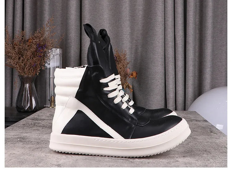 Fashion Men's Casual Shoes Inverted Triangle Design Leather Shoes for Women Black Solid Women's Sneakers Lace-up Men's Shoes