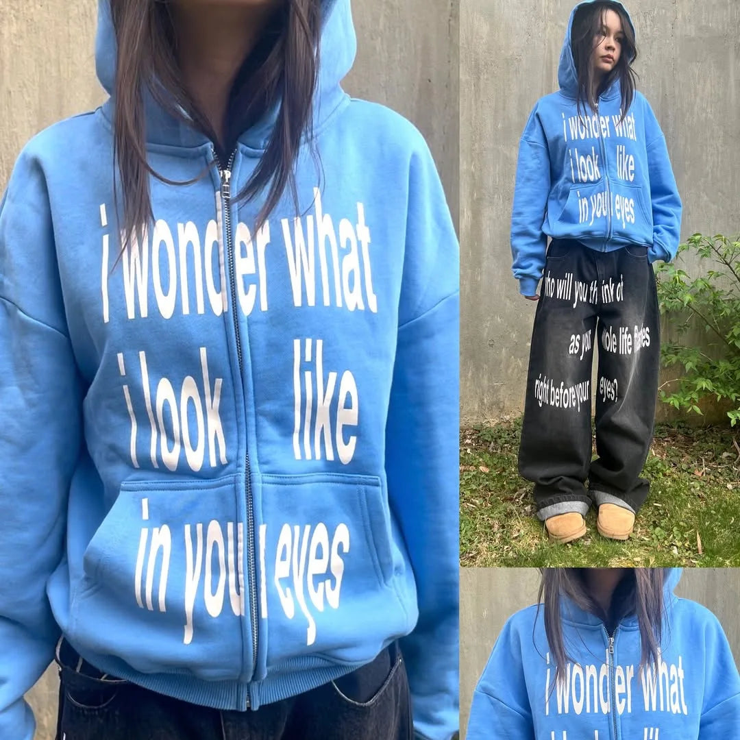 Personalized letter printed zipper sweatshirt long sleeved pullover hoodie retro jacket street trend