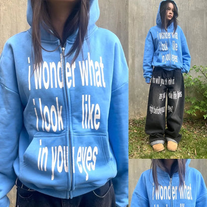Personalized letter printed zipper sweatshirt long sleeved pullover hoodie retro jacket street trend