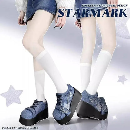 2024 New Y2K Star Print Chunky Platform Ankle Boots Women Metal Chain Blue Denim Boots Woman Cute Thick Bottom Jk Lolita Shoes