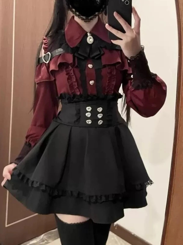 Vintage 3 Piece Skirt Suit Women Kawaii Ruffles Cardigan Outwear Bodycon Vest Blouse + Slim Y2k Skirts Evening Party Lolita Sets