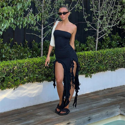 2024 Summer Maxi Women's Dress Vintage Elegant black Fashion Sleeveless Slim Backless Irregular Tassel Party Dresses Street Robe