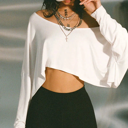 Streetwear Off-shoulder Crop Top Vintage 2000s White Long Sleeve Loose T Shirts Women Casual Autumn y2k T-shirt Harajuku