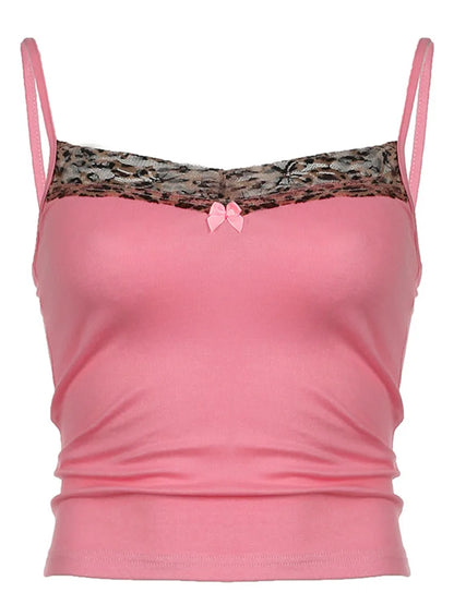 Vintage Leopard Print Stitched Crop Top Women Casual Sleeveless Cute Bow Patchwork Strap Tees y2k Summer Crop Tops Ladies