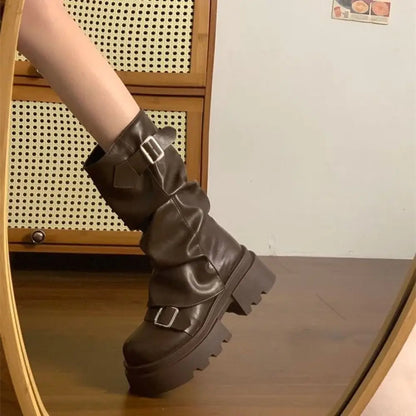 New Design Women Biker Boots Platform Belt Buckle Women's Knee High Booties Harajuku Gladiator Y2K Punk Mid Pipe Booties Girls