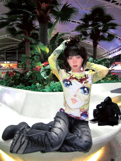Karrram Japanese Y2k Anime Print T-shirt 2000s Aesthetics Long Sleeve Tee Shirt Vintage Harajuku Slim Tops Kawaii Lolita T Shirt