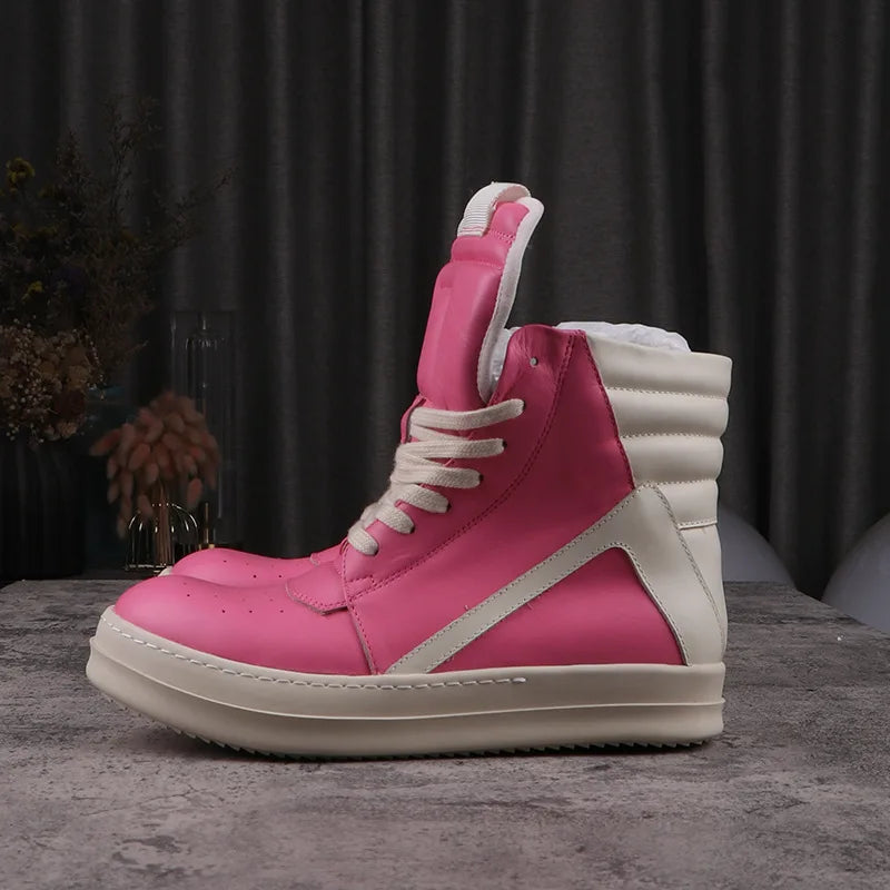 Fashion Men's Casual Shoes Inverted Triangle Design Leather Shoes for Women Black Solid Women's Sneakers Lace-up Men's Shoes