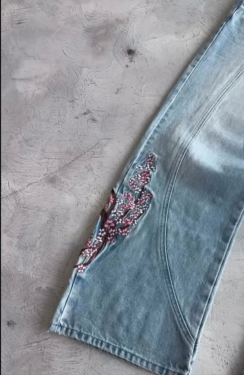 Y2k Vintage Baggy Fallen Knight Cherry Blossom Embroidery Jeans Men Women Fashion Straight Wide-leg Denim Pants Streetwear Jean