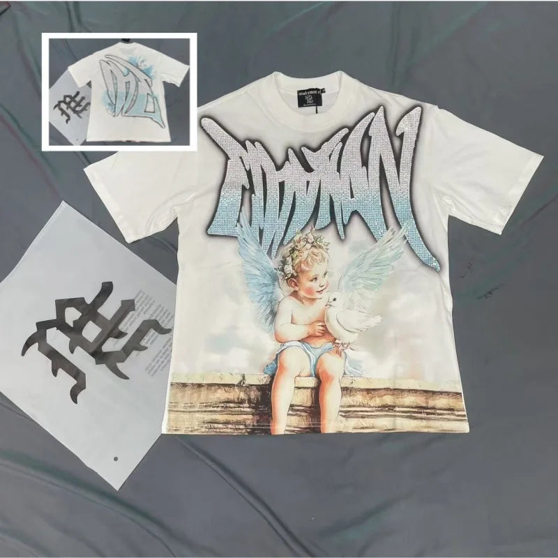 Fashion Brand MIXED EMOTION T-shirts Men Women Couple Streetwear Angel Print Summer Top Tee Round Neck Short Sleeve