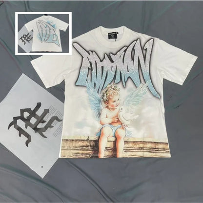 Fashion Brand MIXED EMOTION T-shirts Men Women Couple Streetwear Angel Print Summer Top Tee Round Neck Short Sleeve