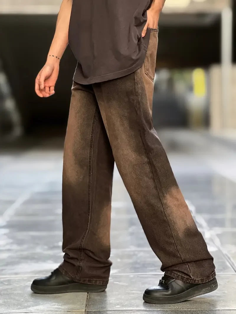Oversized Distressed Brown Denim Jeans for Men - Y2K Retro Street Style Trousers
