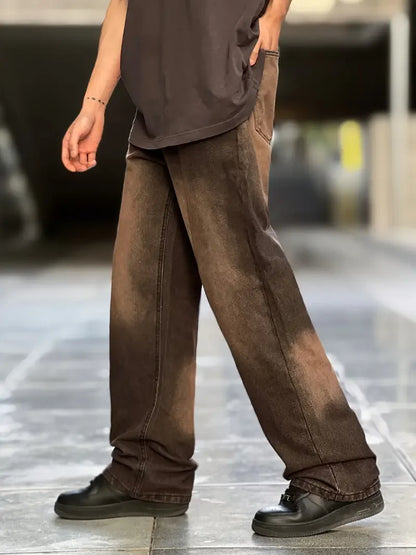 Oversized Distressed Brown Denim Jeans for Men - Y2K Retro Street Style Trousers