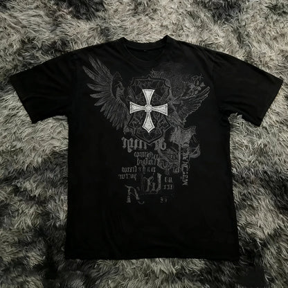 Classic Y2K Gothic Style T-shirt Print Oversized T Shirt High Street Shirts Gothic Round Neck Cotton Tops New Mens Women T Shirt