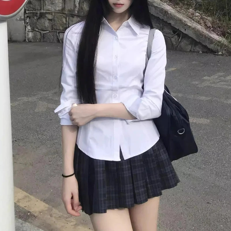 Harajuku Y2K Slim Fit White Shirt Women 2025 Waist Slimming Long Sleeve Jk Shirts Woman All Match Turn Down Collar Chic Blouse