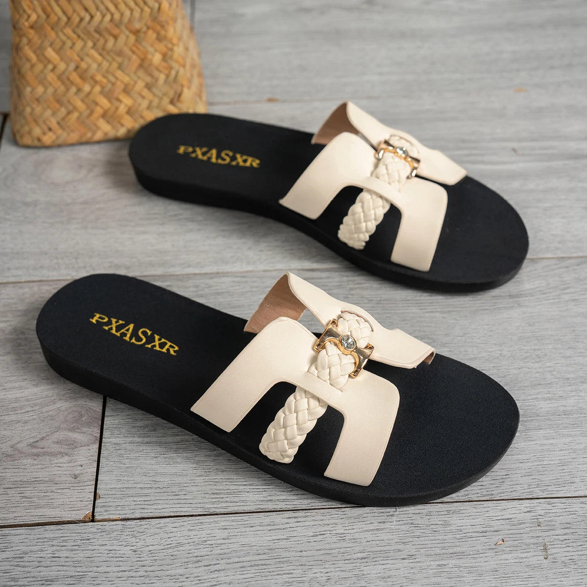 Braided Strap Women's Flat Sandals, Gold Embellished Buckle with Rhinestones, Simple and Comfortable Design, Easy to Wear for Daily Outings and Shopping