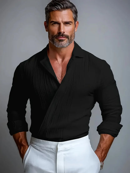 LVLAEA Pleated Textured Shirt Men Autumn Solid Color Long Sleeve Lapel Old Money Style Criss-cross Design Breathable Tated Shirt
