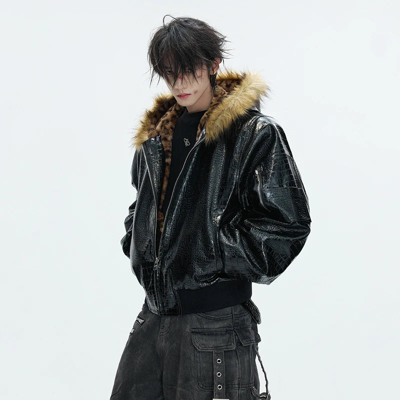 LUZHEN 2025 Winter New Original Reversible Wear Leopard Print Fur Hooded Padded Coat Men's Fashion Street Leather Parkas JY5630