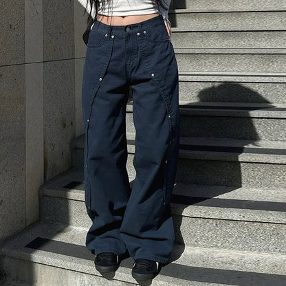 2000s Clothes Y2k Low Rise Boot Cut Jeans Woman Casual Black Striped Denim Trousers Streetwear Flare Pants P77-DD25