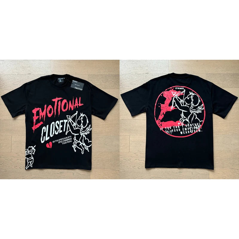 Fashion Brand MIXED EMOTION T-shirts Men Women Couple Streetwear Angel Print Summer Top Tee Round Neck Short Sleeve