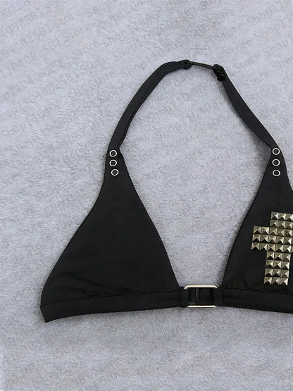Gothic style willow leaf pattern nail decoration summer women's clothing new sexy bikini top swimsuit slim fit retro 2000s Y2K