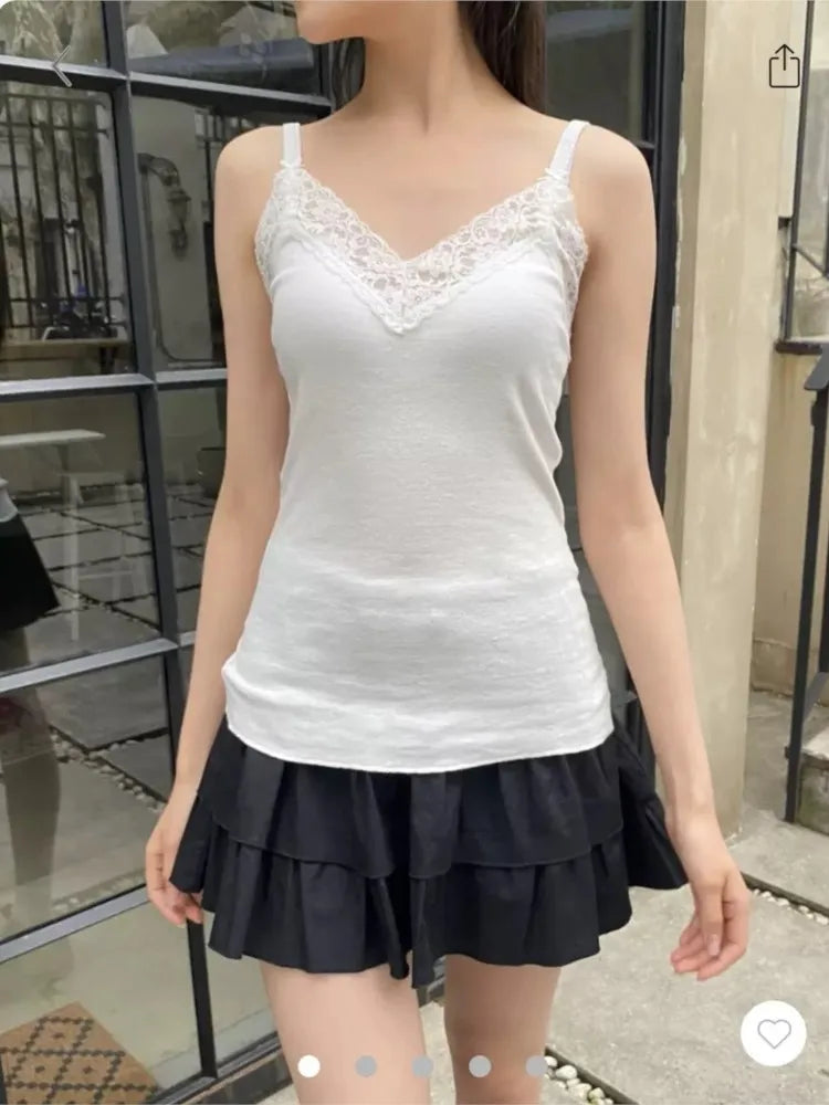 Lace Trim Strapless Tops Women Cotton Soft Slim  White Sexy Sleeveless Camisole Sweet Cute Chic Tank Tops Y2K