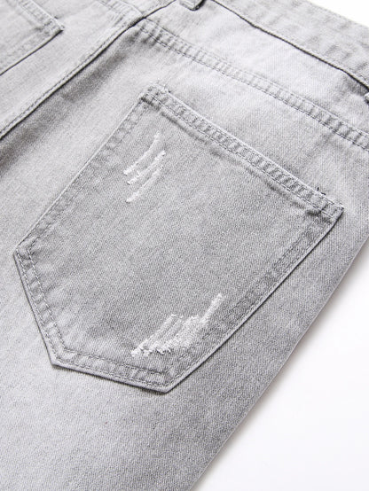 Y2K Men's Jeans - Fashionable Gray Mid-Rise Straight-Leg, Ripped Embroidered Vintage Washed Street Denim