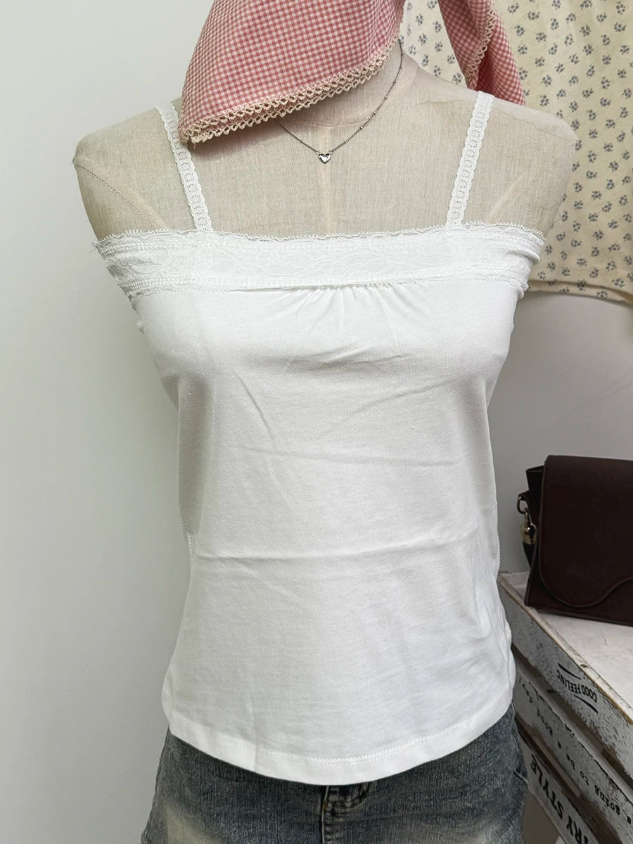 Lace Trim Strapless Tops Women Cotton Soft Slim  White Sexy Sleeveless Camisole Sweet Cute Chic Tank Tops Y2K