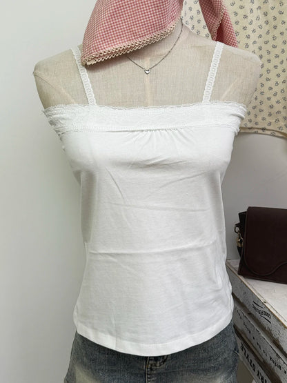 Lace Trim Strapless Tops Women Cotton Soft Slim  White Sexy Sleeveless Camisole Sweet Cute Chic Tank Tops Y2K