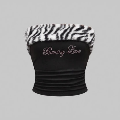 Leopard print patchwork slim fit sexy exposed navel dark letter hot stamping strapless vest with personality