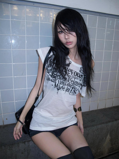 Karrram Japanese Y2k Letter Print T-shirt Trashy 2000s Style Tattoo T Shirt Vintage Harajuku Short Sleeve Sheer Tops Grunge Goth