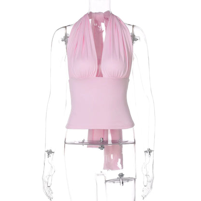 Sexy V neck Tanks Top Women Backless Lace Up Ruched Crop Top Vest Tee Y2K Slim Club Party Top Hot Girl 2026 Summer New Tops