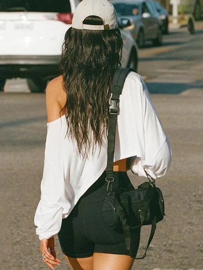 Streetwear Off-shoulder Crop Top Vintage 2000s White Long Sleeve Loose T Shirts Women Casual Autumn y2k T-shirt Harajuku