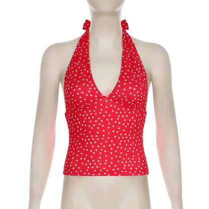 SUCHCUTE Fashion Beach Plaid/Heart Printed Halter Neck Tank Tops Women Sweet Sleeveless V-Neck Vest Y2k Slim Crop Tops Coquette