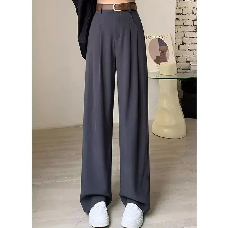 Women Fashion Suit Pants Lady Breathable Baggy High Waist Wide Leg Summer Trousers Lady Straight Leg Black Coffee Classic Pants