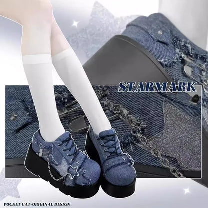 2024 New Y2K Star Print Chunky Platform Ankle Boots Women Metal Chain Blue Denim Boots Woman Cute Thick Bottom Jk Lolita Shoes