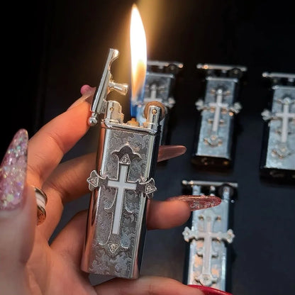 New high-end handmade retro cross outdoor lighter with metal grinding wheel and open flame portable lighter smoking gift