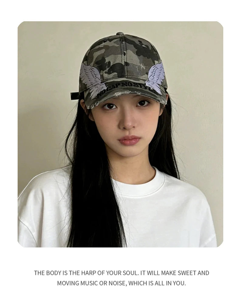 Korean Embroidered Letters Dual-bladed Angel Wings Baseball Hats New Men Women Sunshade Retro Versatile Fashion Peaked Caps ins