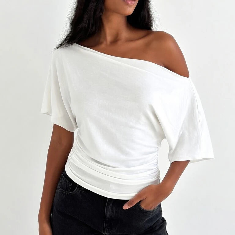 Talenza Summer One Shoulder Tops Fashion Slim Shrink Short Sleeve T-Shirts Sexy Party Y2k Streetwear Solid Pullover Tops Women
