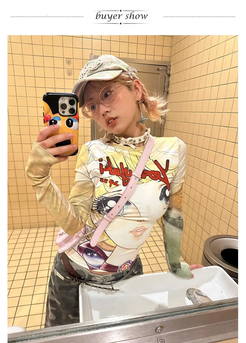 Karrram Japanese Y2k Anime Print T-shirt 2000s Aesthetics Long Sleeve Tee Shirt Vintage Harajuku Slim Tops Kawaii Lolita T Shirt