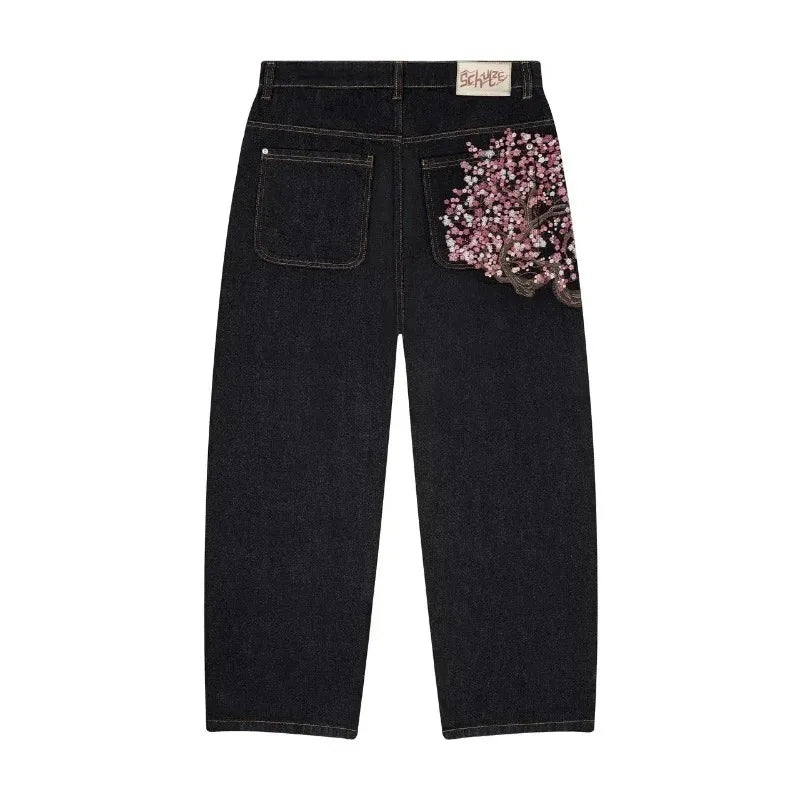 Y2K Two Piece Cherry Blossom Selvedge Embroidery oversized Hoodie Sweatshirt denim fabric American Hip hop Streetwear Pants Set