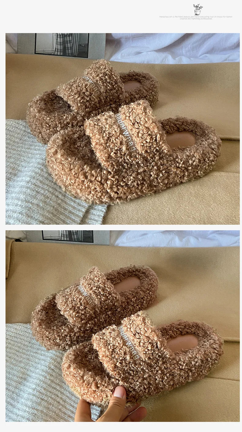 Thick Soled Plush Slippers for Autumn and Winter Versatile and Cute Fashionable and Small Waist Cotton Slippers for Home Use