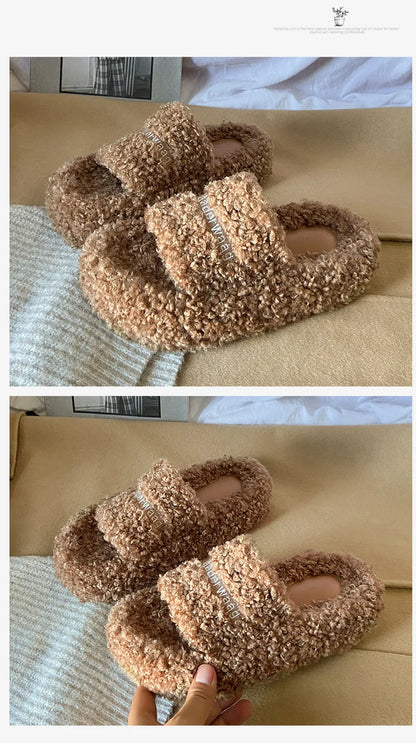 Thick Soled Plush Slippers for Autumn and Winter Versatile and Cute Fashionable and Small Waist Cotton Slippers for Home Use