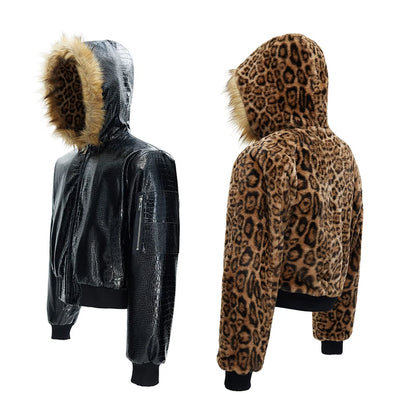 LUZHEN 2025 Winter New Original Reversible Wear Leopard Print Fur Hooded Padded Coat Men's Fashion Street Leather Parkas JY5630